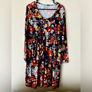 Navy Blue and Orange Floral Dress Long Sleeve Knee Length 1X